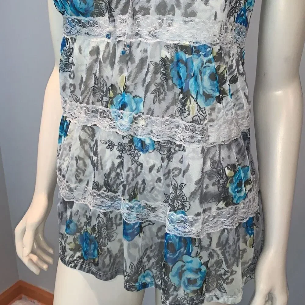 Vintage 90’s Y2K Self Esteem Sheer Chiffon Tiered‎ Lace Babydoll Top Size Large